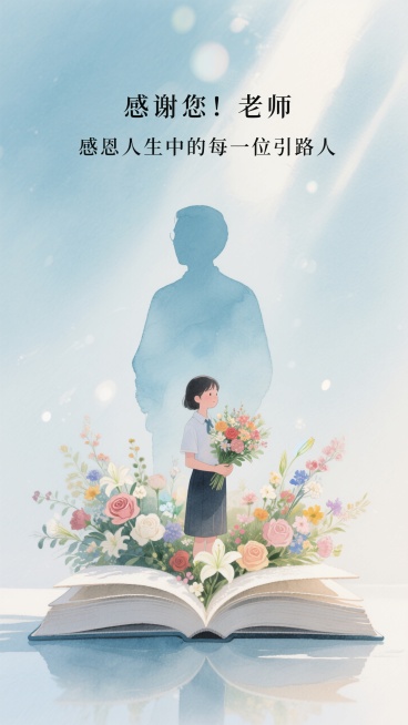 画面上方有文字“感谢您！老师”“感恩人生中的每一位引路人” ，画面中心是学生和老师站在花朵盛开的 书本中给老师献花，背景是老师侧影浅蓝色，寓意老师开启知识梦海预览效果