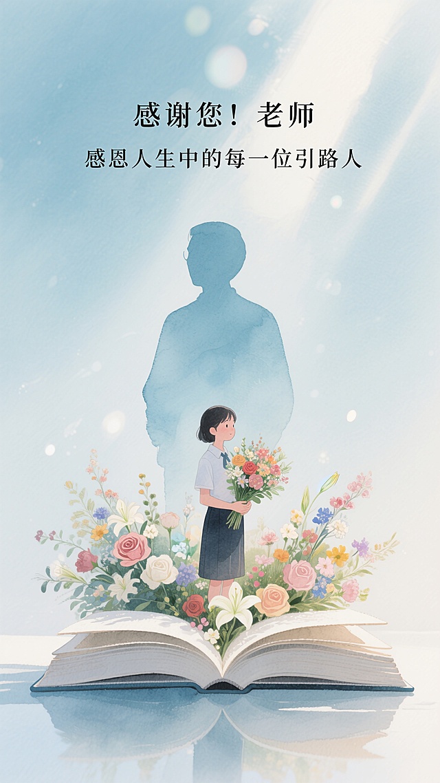 水彩风插画，清新感剪影设计，学生献花感恩老师，书香与花香交织，教师节温馨场景。