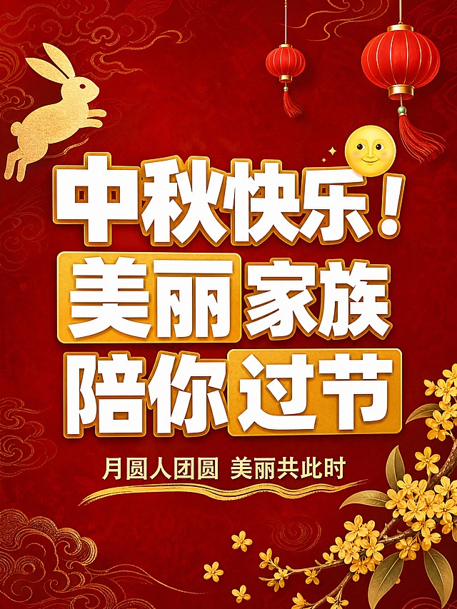 小红书笔记大字封面，插图大字，节日主题中秋国风，版式精美，小红书笔记封面质感，适合信息流点击。主标题必须完整呈现且为画面视觉中心，逐字锁定：「中秋快乐！美丽家族陪你过节」。主标题字号占画面约55%视觉权重，清晰可读，不得增删改字。副标题：「月圆人团圆 美丽共此时」。背景：温暖的深红色渐变底色，带有淡淡的金色祥云纹样肌理，节日氛围感强。标题排版：扁平粗黑体，白色主标题搭配金色描边，部分关键词加金色色块底框增强对比，采用插图大字L04节日极简插策略。插画元素：画面左上角一只极简扁平风格的玉兔剪影，金色；右下角有几枝极简桂花枝条插画，金黄色；画面顶部有2~3个极简红色灯笼小插画点缀，灯笼带流苏。装饰：1个月亮emoji贴纸置于主标题右上方；另加手绘金色波浪下划线装饰副标题，位置克制不抢主标题。整体氛围：中秋佳节温馨喜庆，国风雅致，品牌温度感。画质：高清细腻，信息层级清晰，主标题与背景强对比（深底白字加金描），文字完整处于安全区内不可裁切，四周留安全边距。画面比例3:4，4K。