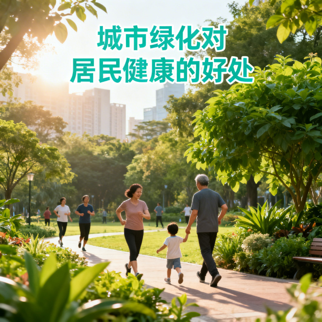 城市绿化健康好处主题正方形图片，展示城市公园、居民在绿植旁活动场景，标注“城市绿化对居民健康的好处”，清新治愈风格预览效果