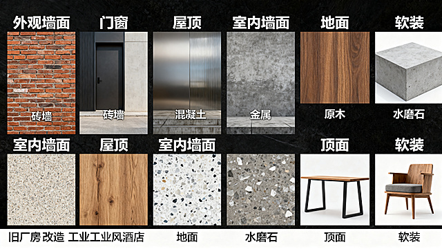 旧厂房改造工业风酒店的材质分析图，分类标注外观墙面、门窗、屋顶、室内墙面地面顶面软装的各类材质，包含砖墙、混凝土、金属、原木、水磨石等材质展示，专业清晰的设计分析图