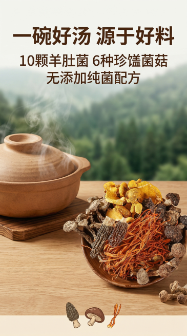 羊肚菌汤包详情页首屏海报；暖调美食风格，自然暖光氛围感；画面左侧为冒着热气的菌汤砂锅，右侧为木碗盛放的干菌菇食材，背景是浅棕木质纹理搭配淡绿色高原山林远景；顶部主标题“一碗好汤 源于好料”，副标题“1预览效果