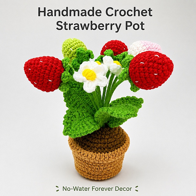 [Panel 1] Handmade Crochet Strawberry Potted Plant Hero Shot. This panel uses [Image 1] as the product main body.
[Style/Atmosphere] Minimalist clean design, authentic product display, soft natural light, highlight handcraft texture.
[Element Layout] Centered product placement, taking about 70% of the frame, soft light gray gradient background, no extra clutter decorations. Keep the original product shape, color, and crochet texture completely consistent.
[Light & Shadow] Soft top-down lighting, gentle natural shadow at bottom, clearly showing three-dimensional crochet texture.
[Color Scheme] Global background #F0F0F0, main colors: red strawberry + green leaves + brown pot.
[Perspective & Composition] 45-degree front perspective, centered composition, product as the absolute focus.
[Text Layout] Top main title "Handmade Crochet Strawberry Pot", bottom sub-title "No-Water Forever Decor". Each main word capitalized, simple sans-serif font, text does not cover product.
[Resolution & Ratio] 1:1 square ratio, 4K resolution, HD quality, clear and readable text.
[Negative Prompt] Deformed product, color distortion, wrong structure, messy background, Chinese characters, watermark