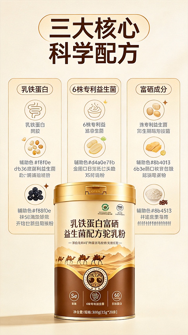 [第3屏] 核心成分卖点展示。
[氛围/风格] 专业营养展示风，简约清晰，干净通透，质感高级。
[元素布局] 画面标题在上，中间三个核心卖点分三栏竖向排列，每栏含图标、名称和说明，底部放置【图2】驼乳粉产品罐，产品位于底部中心，保持罐体结构、文字颜色、图案与原图一致，占比约30%。每个卖点区域搭配对应成分装饰元素，画面饱满不拥挤。
[光影质感] 均匀柔和布光，每个卖点区域光照充足，产品罐体有自然高光和投影，整体通透干净。
[配色色系] 全局底色：#f8f0e3（暖米金）；主体配色：#d4a017（金色）+#6b3e26（深棕）+#f8f0e3（米白）；辅助色：#8b4513（棕褐色）+#ffffff（白色）。
[视角构图] 竖向三栏式排版，标题+卖点+产品从上到下分布，结构清晰，信息层级分明。
[文字版式] 沿用首屏棕色圆角黑体，纯色填充，仅改变字号和排版位置。主标题“三大核心 科学配方”居中位于上方，大字号清晰醒目。每个卖点栏主标题“乳铁蛋白/6株专利益生菌/富硒成分”，下方简短说明补充功效，字号小于主标题，文字清晰不拥挤。
[比例分辨率] 9:16 竖版比例，4K分辨率，文字清晰可辨，超高清。
[负向提示词] 罐体变形，包装文字错乱，结构错误，颜色偏差，虚假宣传，极限词，布局杂乱。