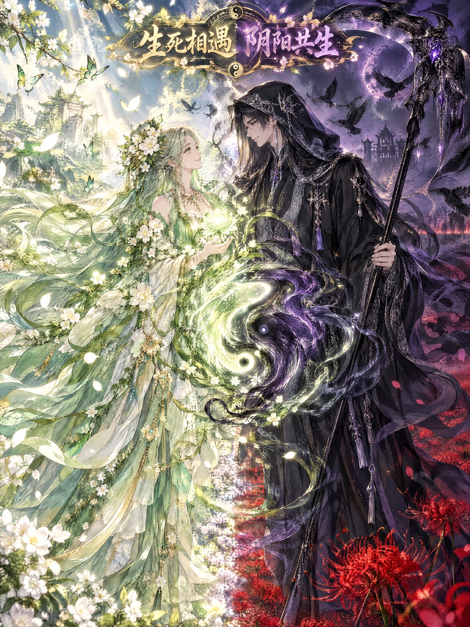 生神和死神双人全身立绘，相遇剧情画面。两人在生死边界的彼岸花田… - 图片创意预览