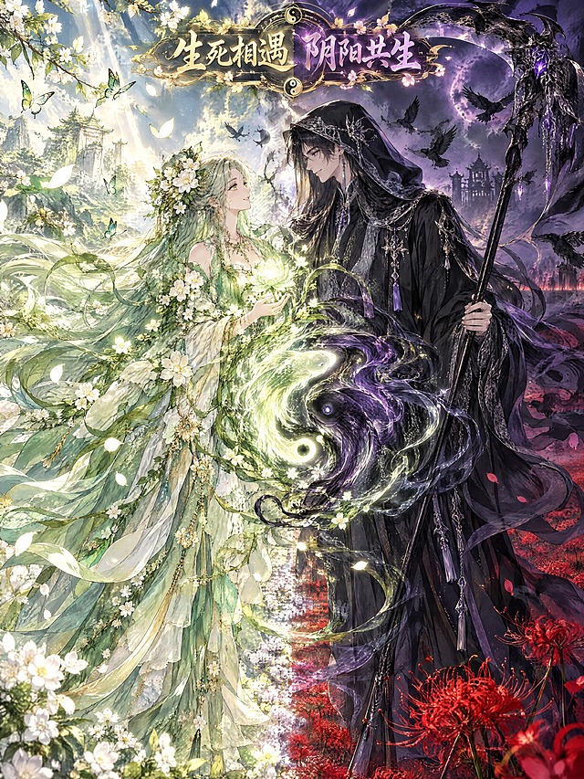 生神和死神双人全身立绘，相遇剧情画面。两人在生死边界的彼岸花田相遇，生死之力在两人之间交融成阴阳鱼形态，互相凝视，惺惺相惜的样子。生神在左：嫩绿繁花长裙，手持生命之花，温柔微笑。死神在右：墨黑黑袍，手持镰刀，清冷微笑。背景是生死边界，一半繁花盛开一半彼岸花开，阴阳鱼光效在中间，蝴蝶与乌鸦共舞，梦幻光效。画面上方有文字"生死相遇 阴阳共生"，金紫双色华丽字体。二次元国风，玄幻仙侠，全身立绘，嫩绿墨黑交融色调