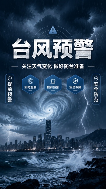 写实商业摄影风格台风预警宣传海报，主视觉为阴沉风雨交加的天空乌云背景，居中放置大标题"台风预警"，副标题为"关注天气变化 做好防台准备"，装饰文案为"提前预警"和"安全防范"放在两侧，三个卖点标签：实预览效果