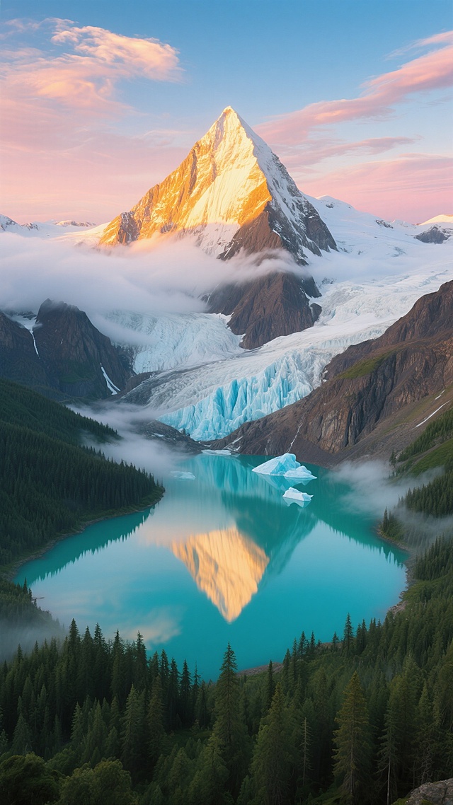 全景航拍视角，在世界屋脊的隐秘山谷中，一座金字塔形的雪山主峰正接受着第一缕朝阳的洗礼，金色光芒如同神圣的火焰沿着山脊线流动，将万年冰川雕刻出的冰塔林染成琥珀色。山腰处乳白色的云海如同沉睡的巨兽缓慢翻涌，偶尔露出下方深褐色的变质岩山体，岩石表面可见清晰的冰川擦痕与垂直节理。山脚下的冷杉林呈现出墨绿与翠绿的渐变层次，林间弥漫着淡蓝色的晨雾。山谷中央的湖泊如同一颗被遗忘的绿松石，完美倒映着雪山与天空的过渡色彩——从湖面中心的靛蓝，到湖心岛周围的孔雀石绿，再到近岸的乳白。天空从顶端的靛蓝逐渐过渡到天际线的鲑鱼粉，几缕卷云被染成金边，湖面上漂浮着几座小型冰山，它们的蓝色阴影在水中拉得很长。整体画面采用哈苏自然色彩解决方案，动态范围极致丰富，雪山顶部的雪粒与森林中松针的细节清晰可辨，营造出创世之初般的原始宁静与神圣壮丽。