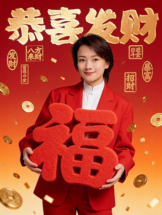 参考第一张图生成新年财运主题写真,中景(取景至腰部以下),人物居中,中心构图(人物占画面70%);眼神澄澈,嘴角微微上扬,眼神明亮),气质活泼喜庆;入境范围腰部以上区域;妆造:元气妆容(清透底妆+自然腮红+亮泽唇色);服饰:红色高级西装(宽松版型)内搭白色小立领衬衫;下装同色系西裤;自然站立姿势;动作:双手捧红色立体福字(大尺寸､毛毡材质､镂空设计,文字清晰);参考第二张图画面顶部居中｢恭喜发财｣手写感粗旷毛笔大字标题,置于人物后方背景中(局部遮挡);中式印章点缀;背景:红色橙色渐变(上深下浅),金色文字(｢八方来财｣｢发财｣｢日进斗金｣｢富甲一方｣｢招财｣｢暴富｣等)､金色铜钱(动态悬浮于人物周围大小错落);光影:前侧方45°柔光打光(色温3800k暖光),主色调高饱和红+亮金色;细节:动态金色铜钱/碎屑悬浮,增强财运感;画质:超高清,锐度中度(清晰呈现毛衣纹理､福字镂空细节､铜钱光泽),无噪点;滤镜:新年财运滤镜(曝光+1,对比度+5,饱和度+3)､福字互动细节与财运氛围｡