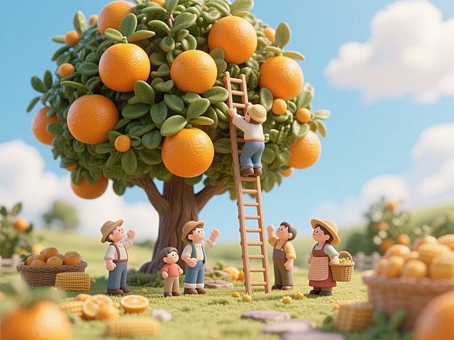 几个微缩小人站在一颗巨大的柑橘树下面，树上挂满了巨大的柑橘，有微缩农民拿着梯子往树上爬，有微缩农妇拿着背篓在树下，有微缩农民在树下张望，阳光很好，温暖，丰富的热闹丰收场景，温柔温馨，梦幻，童话世界，充满想象力的画面，小清新，明亮，简单，大场景，丰收景象，背景是蓝天白云