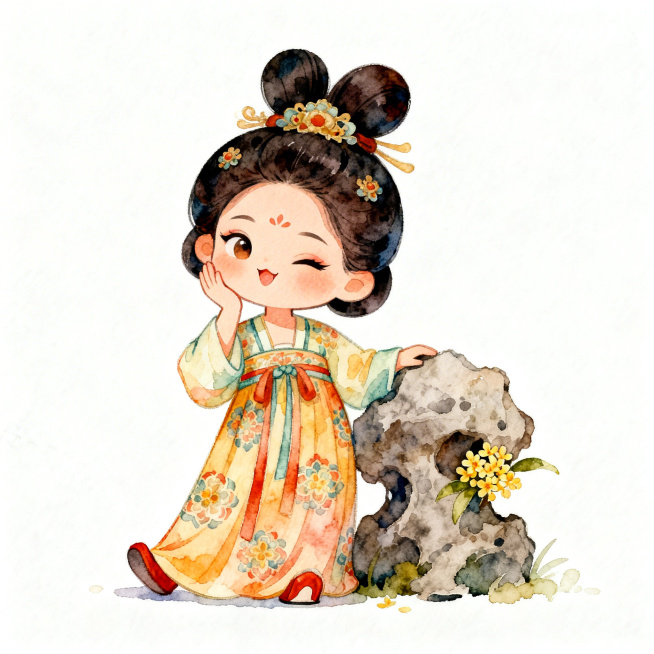 Q版卡通风格唐代襦裙仕女图，人物形象可爱，发髻装饰精致，裙子花纹艳丽清晰，仕女做出手摸脸的俏皮动作，人物脚旁有一块假山，假山上露出一簇桂花，水彩暖色系晕染风格，纯白背景，表情妩媚俏皮预览效果