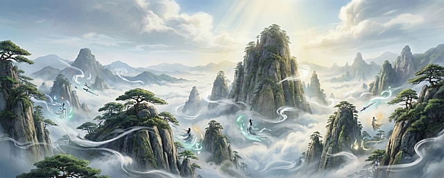 水墨风与国潮元素交融，云海缭绕间仙人御剑飞驰，梦幻朦胧中透出静谧唯美感，插画风格演绎虚拟自然的东方诗意。