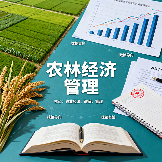 绘制一张与农林经济管理本科专业相关的创意图片，内容包含农业、经济图表、政策文件和管理书本元素，整体风格专业清晰，展现专业核心是农业经济、政策和管理，围绕文字理解类知识展开