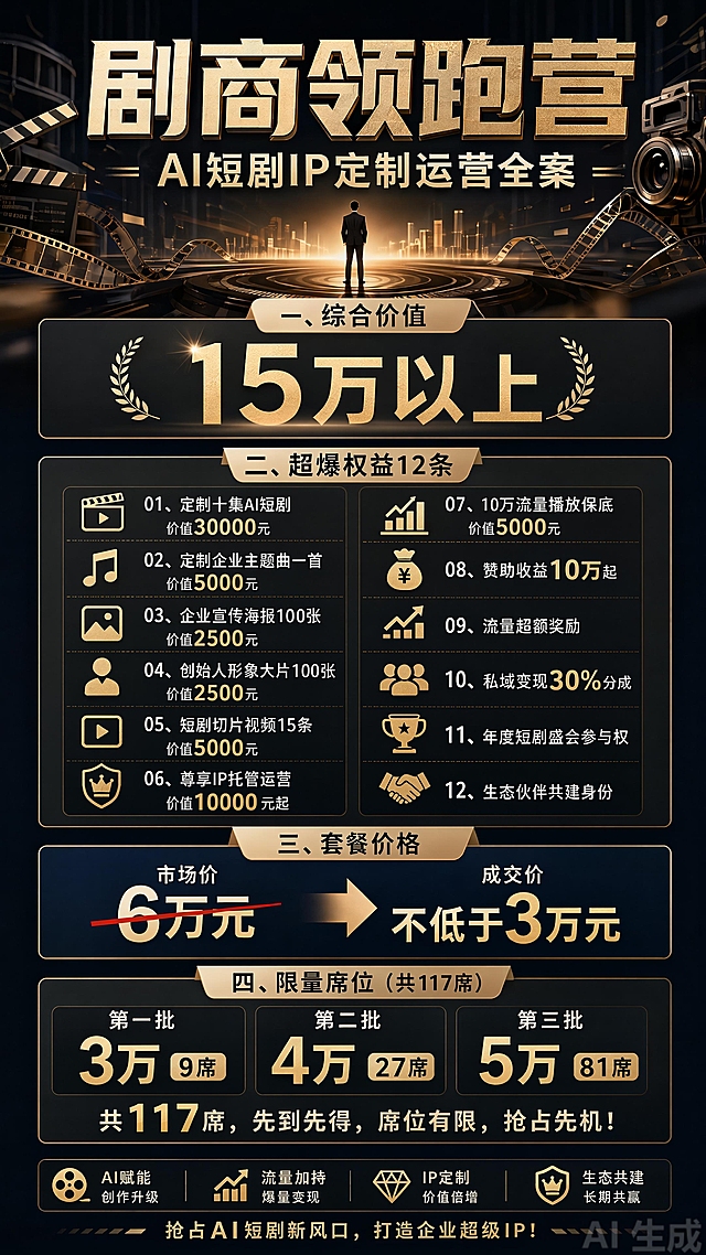 竖版长海报，9:16比例，史诗级高级商业美感，排版专业分区清晰，字体清晰可读。AI短剧IP定制运营全案 "剧商领跑营"，主标题"剧商领跑营"，副标题"AI短剧IP定制运营全案"，展示12项超爆权益内容，综合价值15万以上，限量117席，整体风格专业大气，配色高级沉稳，信息层级清晰，适合招生招募。完整文案内容：
一、综合价值15万以上
二、超爆权益12条：
01、定制十集AI短剧，价值30000元
02、定制企业主题曲一首，价值5000元
03、企业宣传海报100张，价值2500元
04、创始人形象大片100张，价值2500元
05、短剧切片视频15条，价值5000元
06、尊享IP托管运营，价值10000元起
07、10万流量播放保底，价值5000元
08、赞助收益10万起
09、流量超额奖励
10、私域变现30%分成
11、年度短剧盛会参与权
12、生态伙伴共建身份
三、套餐价格：市场价6万元，成交价不低于3万元
四、限量：第一批3万9席 / 第二批4万27席 / 第三批5万81席，共117席，所有文字必须清晰可见，排版专业，史诗级商业美学设计