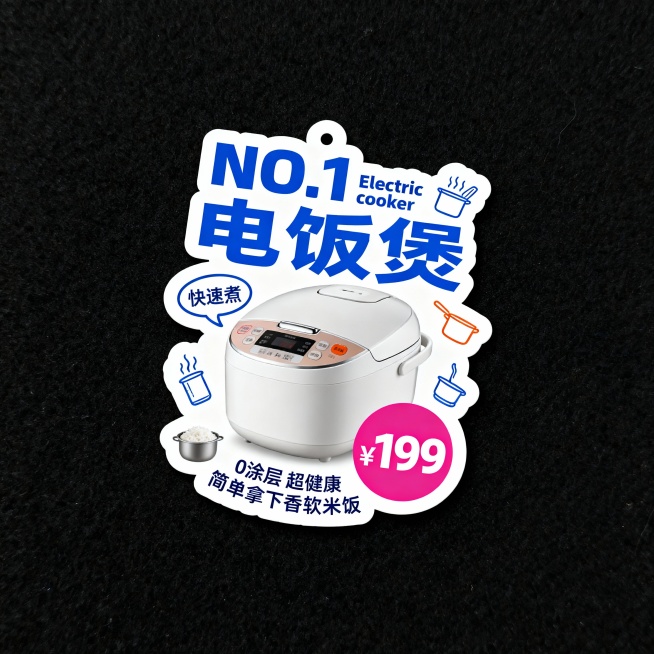 一个电饭煲，厨房用品小元素装饰周围。白蓝配色,主标题“NO.1 电饭煲”，辅以英文“Electric cooker”；左侧气泡文案“快速煮”，右下角粉色圆形价格“¥199”，小字“0涂层 超健康 简单预览效果