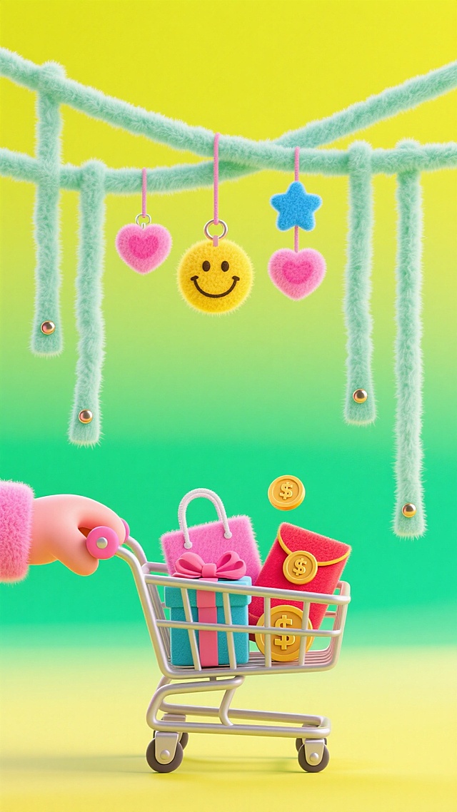 核心是购物车，一只粉红色的手从左下方推着购物车，里面是购物袋、礼盒、红包、金币；3 个黄色笑脸挂件、2 个粉色爱心饰品、2 个蓝色星星贴纸；3 条浅绿色棉质短飘带垂坠着迷你金属小扣，仿佛随微风轻轻晃动。背景为从荧光黄向荧光绿过渡的渐变色调，色彩对比鲜明，构图主次分明，既展现出潮流个性，又营造出活力满满的现代感，传递出年轻时尚的生活与消费理念。