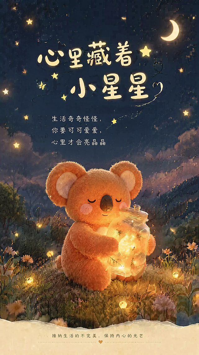 保持现有温暖治愈毛绒风格，IP形象是图中的橙色考拉懒宝，在星空下，懒宝怀里抱着一个发光的玻璃罐，里面装着萤火虫，发光的玻璃罐照亮了懒宝的脸。主文案："心里藏着小星星"。副文案："生活奇奇怪怪，你要可可爱爱，心里才会亮晶晶"。最底部文案："接纳生活的不完美，保持内心的光芒"