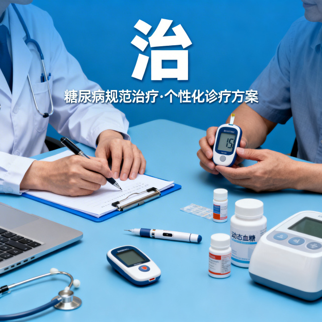 糖尿病规范治疗主题医疗图，画面展示医生为患者制定个性化诊疗方案，展示降糖药物与现代医疗设备，配大字标题“治”，专业规范的医疗科普风格，蓝色为主色调预览效果