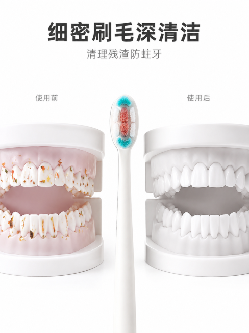 [第4屏] 细密刷毛深清洁效果展示，突出清理残渣防蛀牙卖点。本屏使用【图2】作为牙刷刷毛主体。
[氛围/风格] 干净简约实验风，无影棚实拍，清晰展示清洁对比效果。
[元素布局] 左右对称分栏构图，使用预览效果