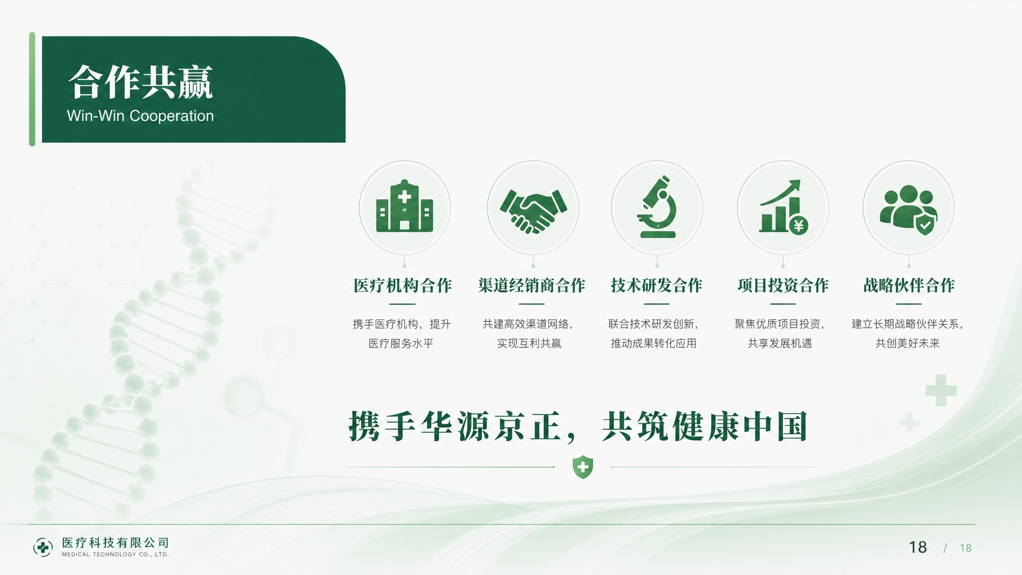 参考图中的浅绿色医疗PPT风格，生成合作共赢页面，16:9横版… - 图片创意预览