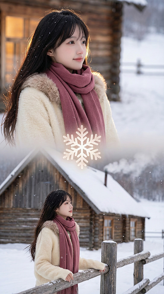 冬日雪景中，木屋暖光映衬少女静立，双重曝光与胶片质感交织，光影柔和，清透唯美，尽显质朴文艺的温馨氛围。