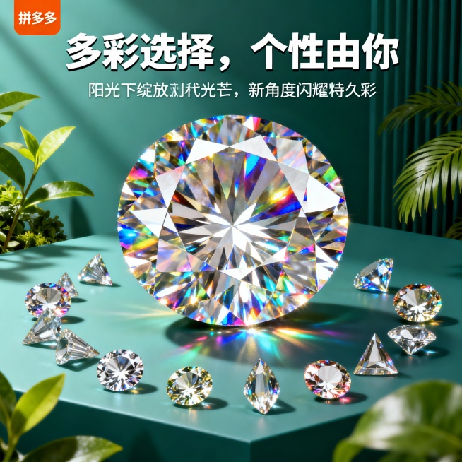 图片这款产品是莫桑石裸钻，我在拼多多卖这款产品，请以我提供的产品图片为主图主体设计20张相关的电商主图。
1.主图卖点： 火彩璀璨，闪耀夺目，在阳光下绽放七彩光芒，每一个角度都闪耀着迷人的光彩，让你成预览效果