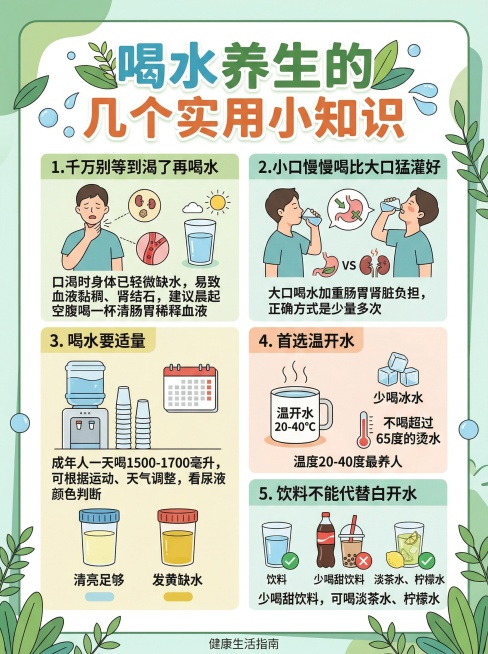 健康养生科普图文，标题为“喝水养生的几个实用小知识”，内容包含：1.千万别等到渴了再喝水，口渴时身体已轻微缺水，易致血液黏稠、肾结石，建议晨起空腹喝一杯清肠胃稀释血液；2.小口慢慢喝比大口猛灌好，大口预览效果