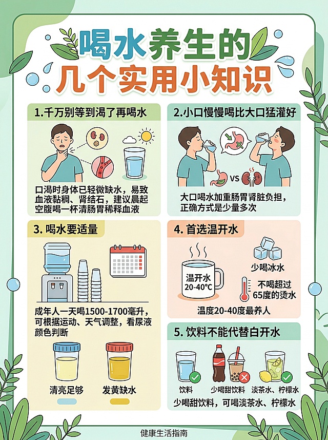 健康养生科普图文，标题为“喝水养生的几个实用小知识”，内容包含：1.千万别等到渴了再喝水，口渴时身体已轻微缺水，易致血液黏稠、肾结石，建议晨起空腹喝一杯清肠胃稀释血液；2.小口慢慢喝比大口猛灌好，大口喝水加重肠胃肾脏负担，正确方式是少量多次；3.喝水要适量，成年人一天喝1500-1700毫升，可根据运动、天气调整，看尿液颜色判断，发黄缺水，清亮足够；4.首选温开水，温度20-40度最养人，少喝冰水，不喝超过65度的烫水；5.饮料不能代替白开水，少喝甜饮料，可喝淡茶水、柠檬水。风格清新自然，简约干净的健康科普海报设计，文字排版清晰美观。