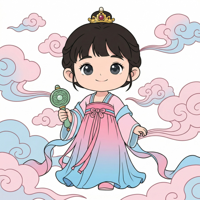 将3D妈祖小女孩转为2D卡通风格，保留原形象的服饰、冠饰、动作和祥云背景，线条清晰色彩明快预览效果
