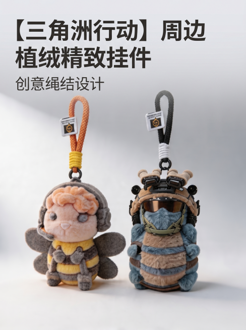 [主图 1] 三角洲行动植绒挂件产品主图。[氛围风格]可爱舒适游戏风，治愈温馨简约质感。[画质]商业摄影质感、光线柔和通透、产品清晰真实、画面干净高级。[元素]两个植绒挂件居中展示，保留原产品外观造型预览效果