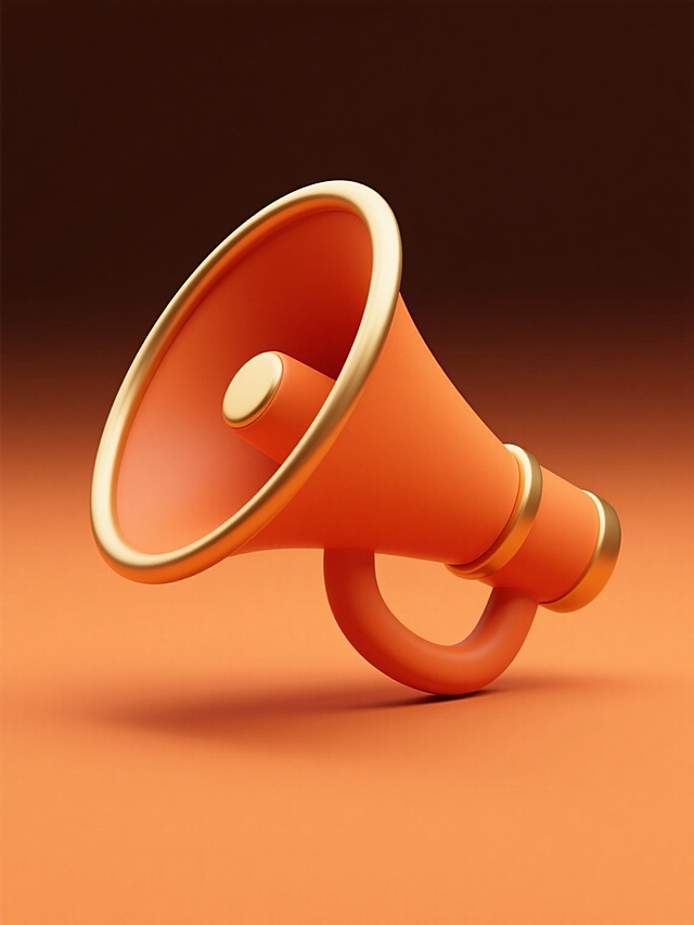 极简现代风格的3D渲染插图，纯橙色背景上居中放置一个造型简约的喇叭图案，喇叭主体为橙色哑光质感，喇叭口边缘和握柄顶部有金色高光装饰，喇叭表面光滑无纹理，整体呈45度角倾斜，阴影柔和自然，无任何文字、logo或水印，画面构图规整对称，视觉层级清晰，信息传达直接，符合现代简约设计美学。