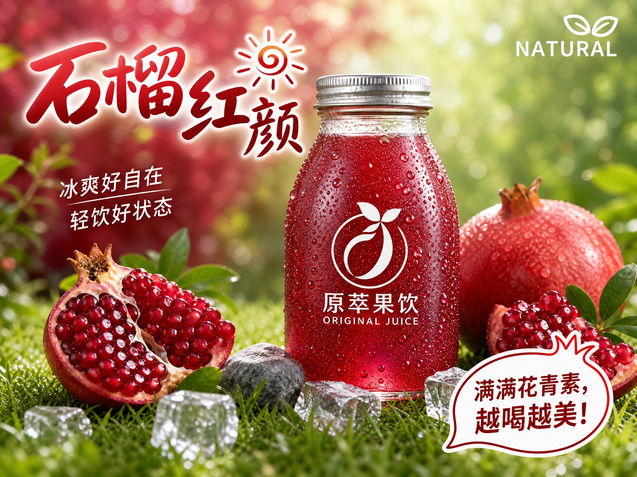 红颜石榴汁鲜榨果汁广告海报，4:3横版比例。画面中央是一瓶透明… - 图片创意预览