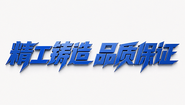 蓝色3D立体艺术字，白色干净背景，创意黑体字体设计八个字"精工铸造 品质保证"，所有文字单行横向排列，将字体进行大幅度抽象变形。笔画粗重厚实有力量感，撇捺等笔画末端做锐利斜切处理呈现锋芒感，整体略微向右倾斜带有稳重的力量感，字与字之间间距紧凑笔画互相呼应形成整体，3D立体效果具有厚度和高光质感，表面光滑如烤漆金属，风格高端大气充满工业精密感和企业实力感。画面中只能出现这八个字："精"、"工"、"铸"、"造"、"品"、"质"、"保"、"证"，不得出现参考图中的原文字，不得增加、遗漏或替换任何一个字。文字整体必须完整呈现在画面内不可被裁切，四周留有安全边距。比例16:9
