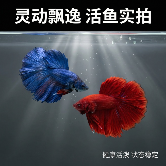 [主图 5] 泰国斗鱼泳姿动态展示
[氛围/风格] 灵动自然，动态美感，清澈水质
[画面元素] 展示大红袍和大蓝袍两条斗鱼在水中游动的自然状态，两条鱼相向游弋，尾鳍自然舒展飘动，捕捉灵动的瞬间，水族背预览效果