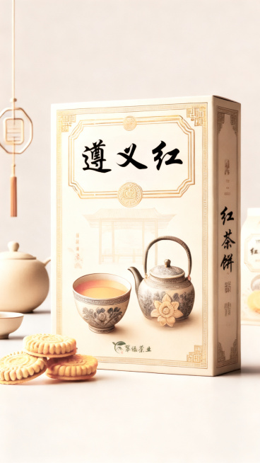 遵义红红茶饼礼盒包装展示，国潮古风设计，礼盒带有传统纹样边框，印有“遵义红”大字标题，搭配中式茶壶茶杯图案，旁边摆放红茶叶饼，浅米底色搭配描金线条，保留翠绿茶业标识，整体国风典雅预览效果
