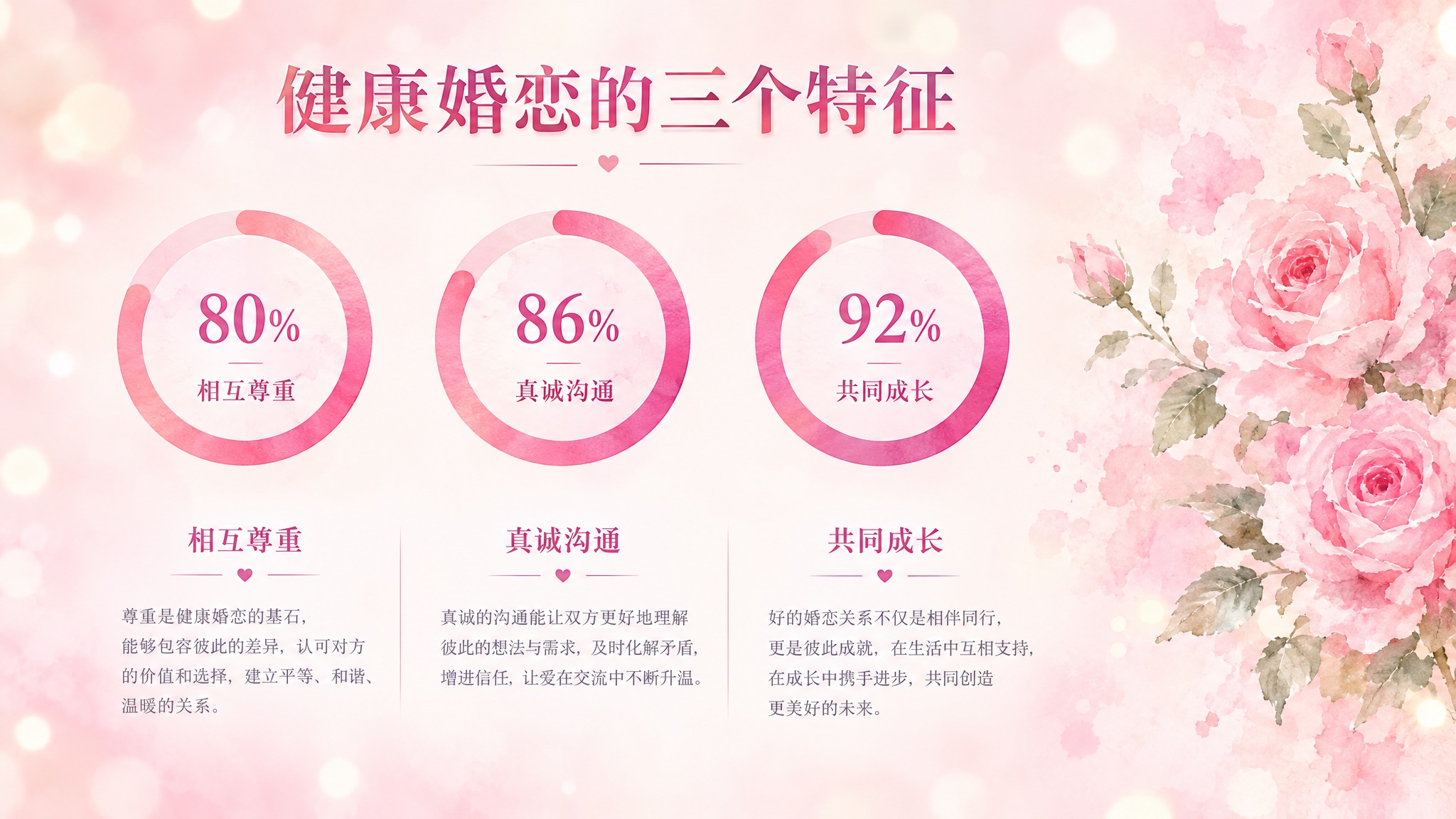 PPT内容页，粉色弥散风婚恋观主题，标题"健康婚恋的三个特征"… - 图片创意预览
