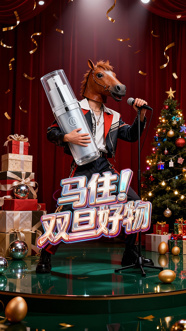 拟人风马头人物手持巨型喷雾，霓虹灯风文字“马住！双旦好物”，3D立体舞台搭配圣诞树与礼盒，融合喜庆感、综艺感与潮流感，营造酷炫促销氛围。