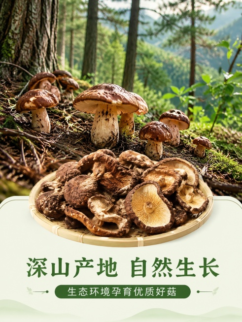 [第2屏] 产地展示，干蘑菇深山种植产地实景。
[氛围/风格] 自然清新，真实山林氛围，户外摄影质感。
[元素布局] 画面上半部分展示山林松树下野生蘑菇生长实景，占比约60%；下半部分放置干蘑菇成品特预览效果