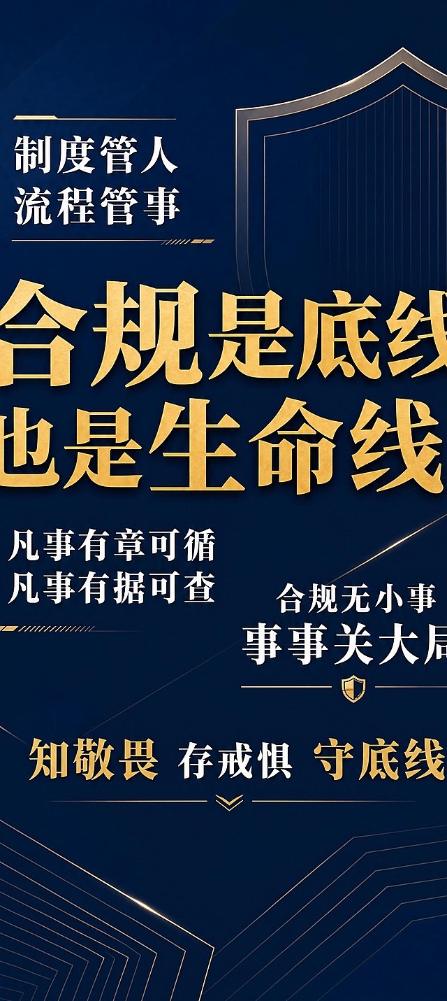 合规标语主题竖版海报，方案一：大字标语风。无明确主标题，以多条合规标语为核心内容。深蓝色背景，金色与白色文字。画面中错落排布多条合规标语，大小字号穿插："合规是底线 也是生命线"（最大字，金色）、"制度管人 流程管事"、"凡事有章可循 凡事有据可查"、"合规无小事 事事关大局"、"知敬畏 存戒惧 守底线"。标语采用不同字号和粗细，形成富有节奏感的文字排版。背景有淡金色几何线条和盾牌轮廓剪影点缀。整体风格简洁有力，以文字为视觉主体，突出标语本身。版式精美，所有文字清晰可读。