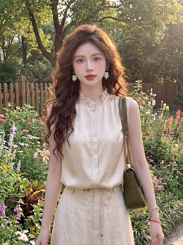 将图2中人物的上衣替换为图1的香槟色木耳边立领无袖缎面衬衫，保留人物姿势、发型、配饰和花园背景不变