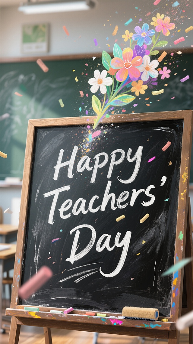 喜庆插画风，水彩花朵点缀，大字“教师节快乐”跃然黑板，节日氛围浓厚。