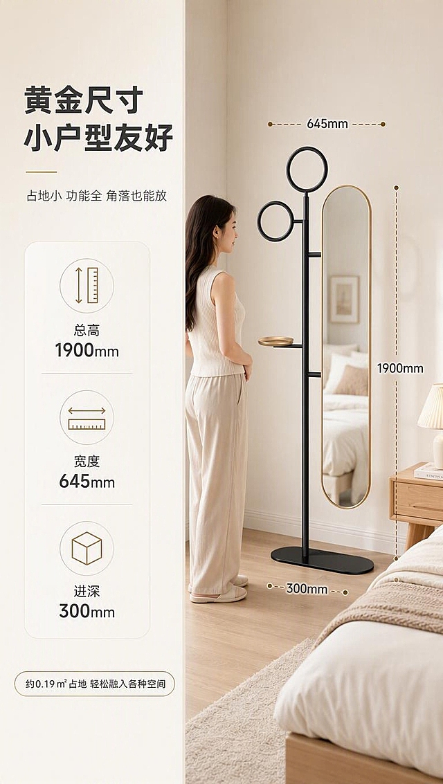 [商品] 使用【图1】DF-8801穿衣镜；保留黑色金属支架、椭圆形长镜面、圆形挂环、圆形置物小台面、黑色椭圆底座的整体结构、比例、颜色和材质；产品正面展示，配合尺寸标注线，不改变产品结构。
[画面] 目标：空间尺度页，展示产品尺寸与小户型空间适配性。构图：左文右图，左侧约2/5文案+尺寸示意，右侧约3/5产品+场景。右侧穿衣镜放置在小户型卧室角落，旁边有人物侧身站立作参照，体现高度比例。产品上叠加虚线尺寸标注，分别标注总高、总宽、底座宽度。背景：浅米色小户型卧室场景，简洁明亮。
[视觉] 套系策略：风格=亮色调轻奢家居商业摄影；标题字=现代简约粗黑体；正文字=纤细无衬线体；主色=暖白+浅金+高级灰；背景延展=基于暖白做深浅渐变、柔光层次和细腻墙面/织物质感；强调色=香槟金，仅用于小面积图标、引线、标签和装饰线条；标题色=深炭灰；正文色=中暖灰；组件=圆角浅底信息卡、细金线引线、胶囊形卖点框；光影=左前侧暖柔自然光，柔和均匀。
[文字] 左侧文案区：主标题「黄金尺寸 小户型友好」，副标题「占地小 功能全 角落也能放」，下方尺寸参数「总高 1900mm」「宽度 645mm」「进深 300mm」，每个尺寸配图标。底部加一句「约0.19㎡占地 轻松融入各种空间」。文字全部横向排版，清晰可读。
[规格] 图片比例9:16竖版，4K分辨率，负向提示：避免变形、错字、文字过小、冷蓝灰暗色调、产品结构改变、尺寸标注错误、竖排文字、绝对化用语。