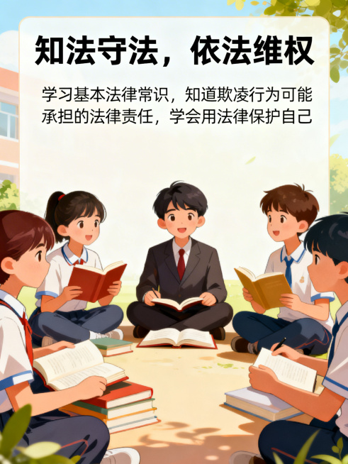 校园防欺凌宣传海报，明亮温暖风格，顶端标题为“知法守法，依法维权”，下方配文“学习基本法律常识，知道欺凌行为可能承担的法律责任，学会用法律保护自己”，文字字体统一为清晰易读的黑体，大小协调不遮挡画面，预览效果
