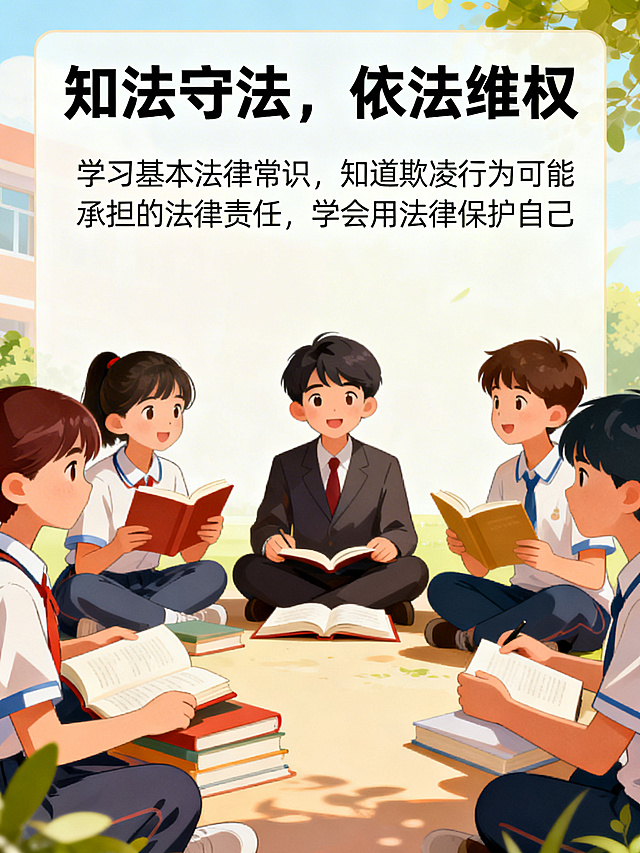 校园防欺凌宣传海报，明亮温暖风格，顶端标题为“知法守法，依法维权”，下方配文“学习基本法律常识，知道欺凌行为可能承担的法律责任，学会用法律保护自己”，文字字体统一为清晰易读的黑体，大小协调不遮挡画面，画面主体为学生学习法律知识、树立法治意识的场景，色彩明快适合校园宣传栏展示