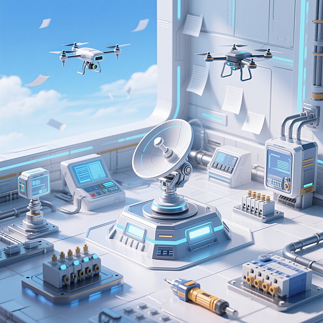 C4D 3D建模渲染，OC渲染，柔和灯光，2.5D视角，大场景，科技感工业风，白蓝色调为主，金属和玻璃质感，画面中有雷达、探测器、电子测量工具、无人机、继电器，制作场景，产业链，画面丰富，天蓝色调，色彩明亮梦幻，白色背景，背景中有线条和纸的装饰，画面组合丰富多样且有序，有底座，天空照明，等距渲染，对比强烈，未来科技