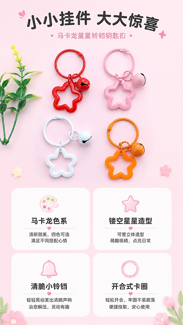 [第3屏] 核心卖点-马卡龙星星铃铛钥匙扣四大卖点提炼。本屏使用【图1】作为商品主体（红粉白橙四色钥匙扣）。
[氛围/风格] 马卡龙甜系少女风，信息卡片式排版，清新可爱，商业摄影质感。
[元素布局] 画面上方展示四色钥匙扣（红、粉、白、橙）呈2x2排列在浅粉色背景上，左侧点缀绿色小植物；下方分为四个圆角信息卡片，分别对应四个卖点，每个卡片配小图标；产品结构（卡圈+五角星+铃铛）、颜色与输入图一致。
[光影质感] 顶部柔光照明，产品下方柔和投影，整体明亮通透。
[配色色系] 全局底色#FFE4EC（浅粉）；主色马卡龙四色；辅助色白色、浅绿；卡片用白色圆角底。
[视角构图] 上产品下信息的上下构图，俯视视角，阅读动线从上到下。
[文字版式] 顶部主标题「小小挂件 大大惊喜」，圆润粗黑体；下方四个卖点卡片：「马卡龙色系」「镂空星星造型」「清脆小铃铛」「开合式卡圈」，每个卖点配对应小图标（调色盘/星星/铃铛/圆环）；卖点文字清晰易读，移动端友好。
[比例分辨率] 9:16竖版比例，4K分辨率，文字清晰可辨，高清画质。
[负向提示词] 产品变形，缺件错件，颜色偏差，水印，文字错乱，文字过小，背景杂乱，产品模糊。