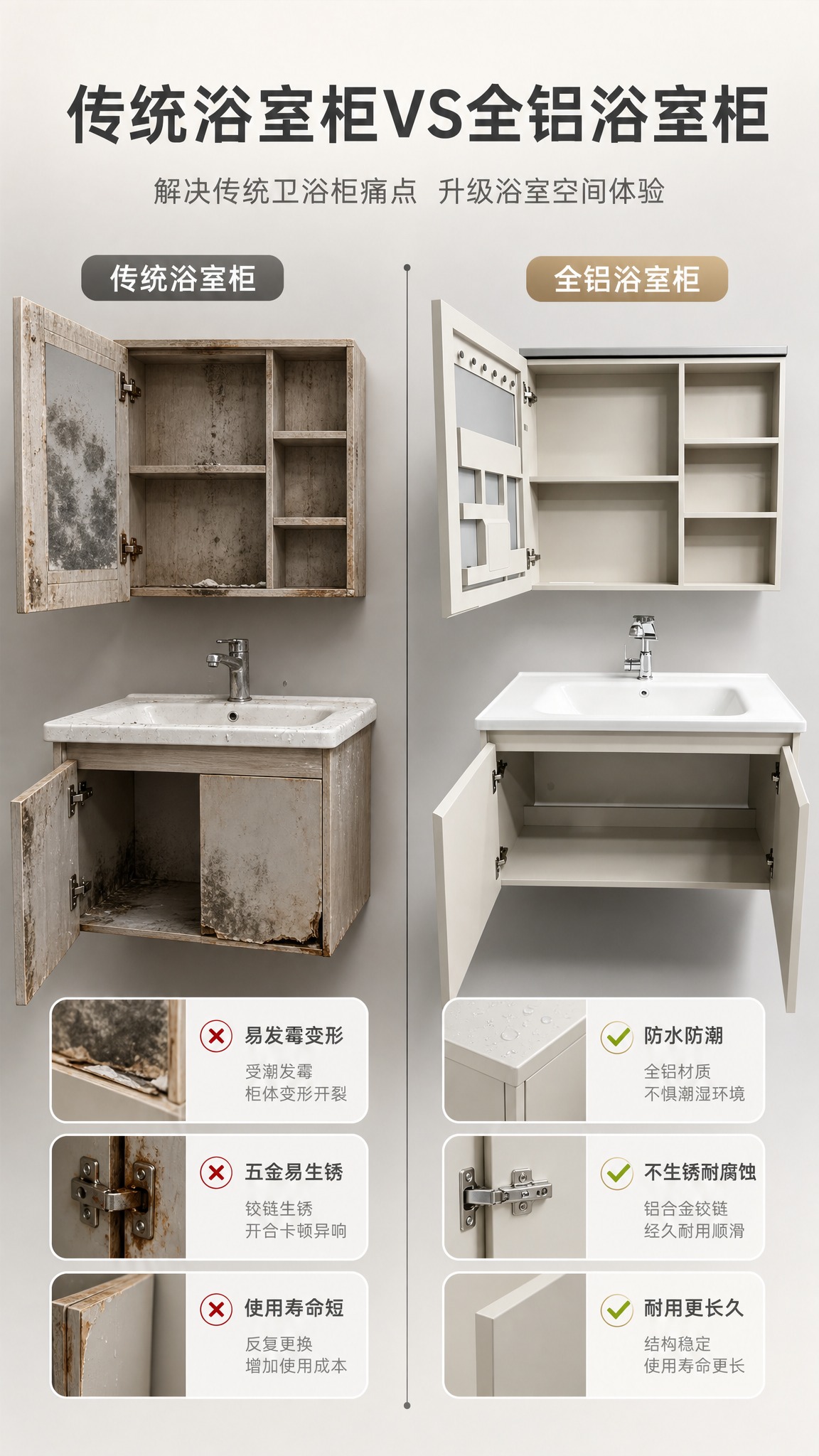 [商品] 使用【图1】米白色全铝浴室柜与传统木质浴室柜做对比；… - 图片创意预览