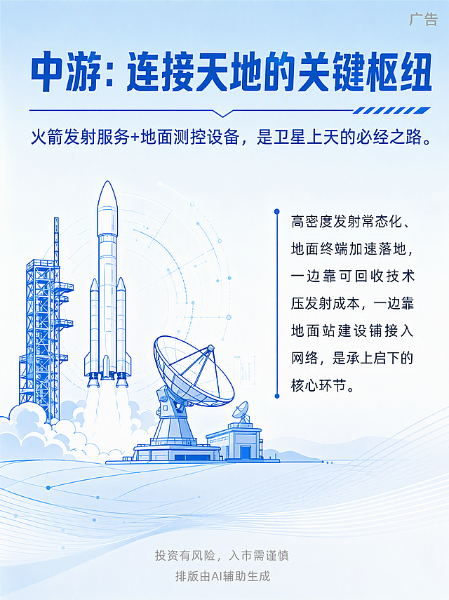 商业航天产业链中游主题信息图，竖版3:4比例，蓝白渐变背景（上浅蓝下白色），图文并茂，与上游海报使用完全相同的统一模板风格。画面顶部大标题文字：中游：连接天地的关键枢纽。副标题文字：火箭发射服务+地面测控设备，是卫星上天的必经之路。中间区域左侧为火箭发射与地面测控站的科技感线条插画，右侧为说明文字：高密度发射常态化、地面终端加速落地，一边靠可回收技术压发射成本，一边靠地面站建设铺接入网络，是承上启下的核心环节。右上角用浅灰色小字标注广告二字。最底部用浅灰色小字标注两行：第一行投资有风险，入市需谨慎，第二行排版由AI辅助生成。整体简洁清爽，蓝白配色，金融科技风格，文字清晰，布局与上游完全一致。