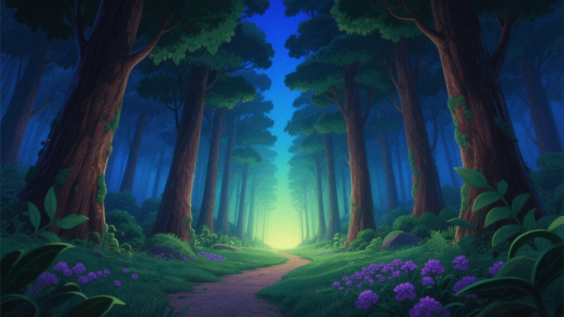 一幅充满神秘梦幻氛围的插画风格森林场景，画面整体呈现幽暗的蓝绿色调，光线从森林深处的尽头散发柔和的黄绿色光芒，照亮了前方的小径。高大挺拔的树木林立两侧，树干呈深褐色，枝叶茂密且层次分明，顶部透出深蓝色预览效果