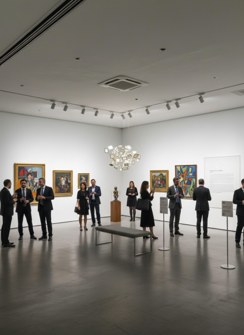 将空展会场景变成美术展展厅，明亮高级，热闹一点预览效果